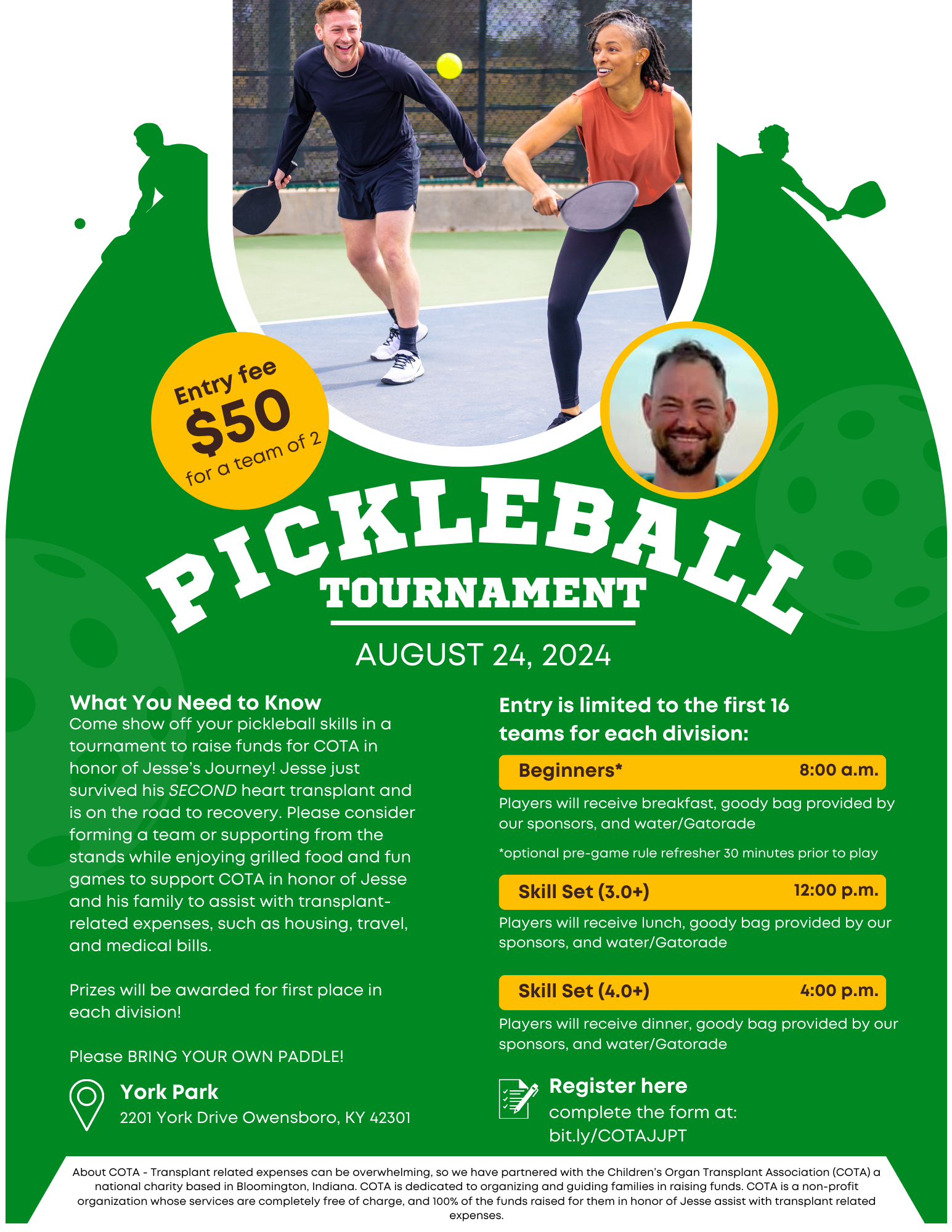 Pickleball Tournament: August 24, 2024 - COTA for Jesse's Journey