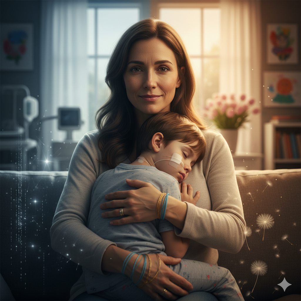 A resilient mother (caregiver) holds her sleeping young child, who has a visible nasal tube, symbolizing the strength required in holding fear and hope while managing chronic illness.