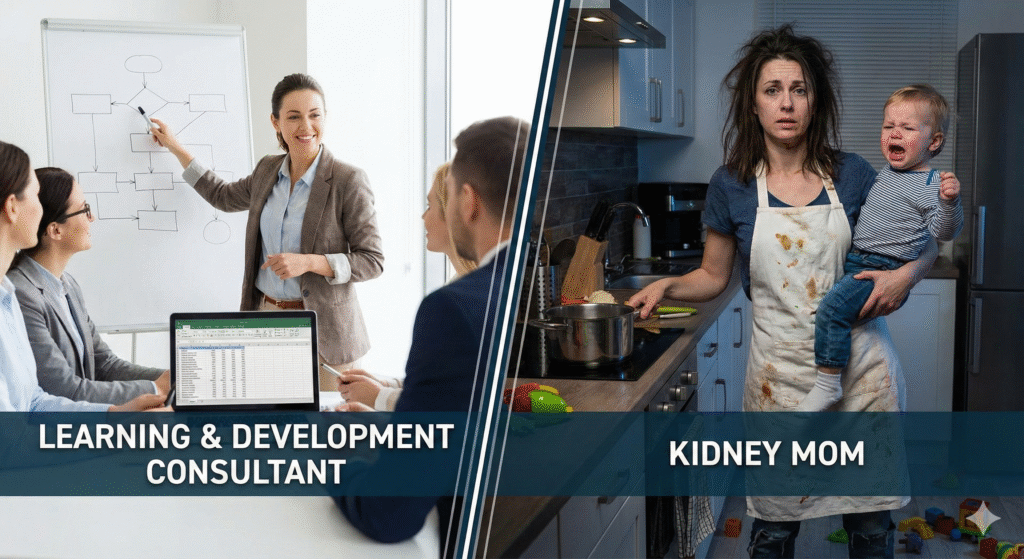 Split screen image showing a woman as a corporate L&D consultant on one side and a stressed kidney mom in a messy kitchen on the other.