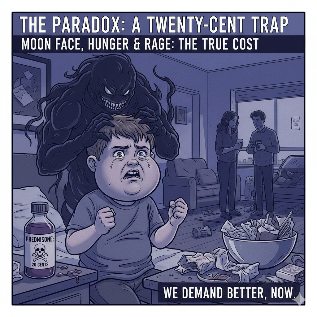 In the foreground, a young boy with "moon face" puffiness and tears in his eyes sits at a table, his fists clenched in frustration. Behind him, a large, dark, monstrous shadow with sharp teeth and claws—representing "Roid Rage"—looms over him, gripping his head. On the table sits an overflowing bowl of empty food wrappers and a medicine bottle labeled "PREDNISONE: 20 CENTS" with a skull and crossbones symbol.

In the blurred background, two exhausted parents stand in a messy living room, holding coffee cups and watching helplessly. The color palette is a somber, monochromatic blue and purple. Text at the top reads "MOON FACE, HUNGER & RAGE: THE TRUE COST," and a banner at the bottom declares, "WE DEMAND BETTER, NOW." Prednisone side effects in children.