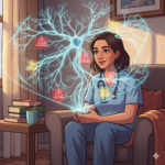 A warm digital illustration of a woman caregiver in a cozy living room, looking at a glowing, 3D holographic map of a nervous system. The neural pathways are highlighted with red and yellow warning icons representing "invisible tripwires" or emotional triggers.